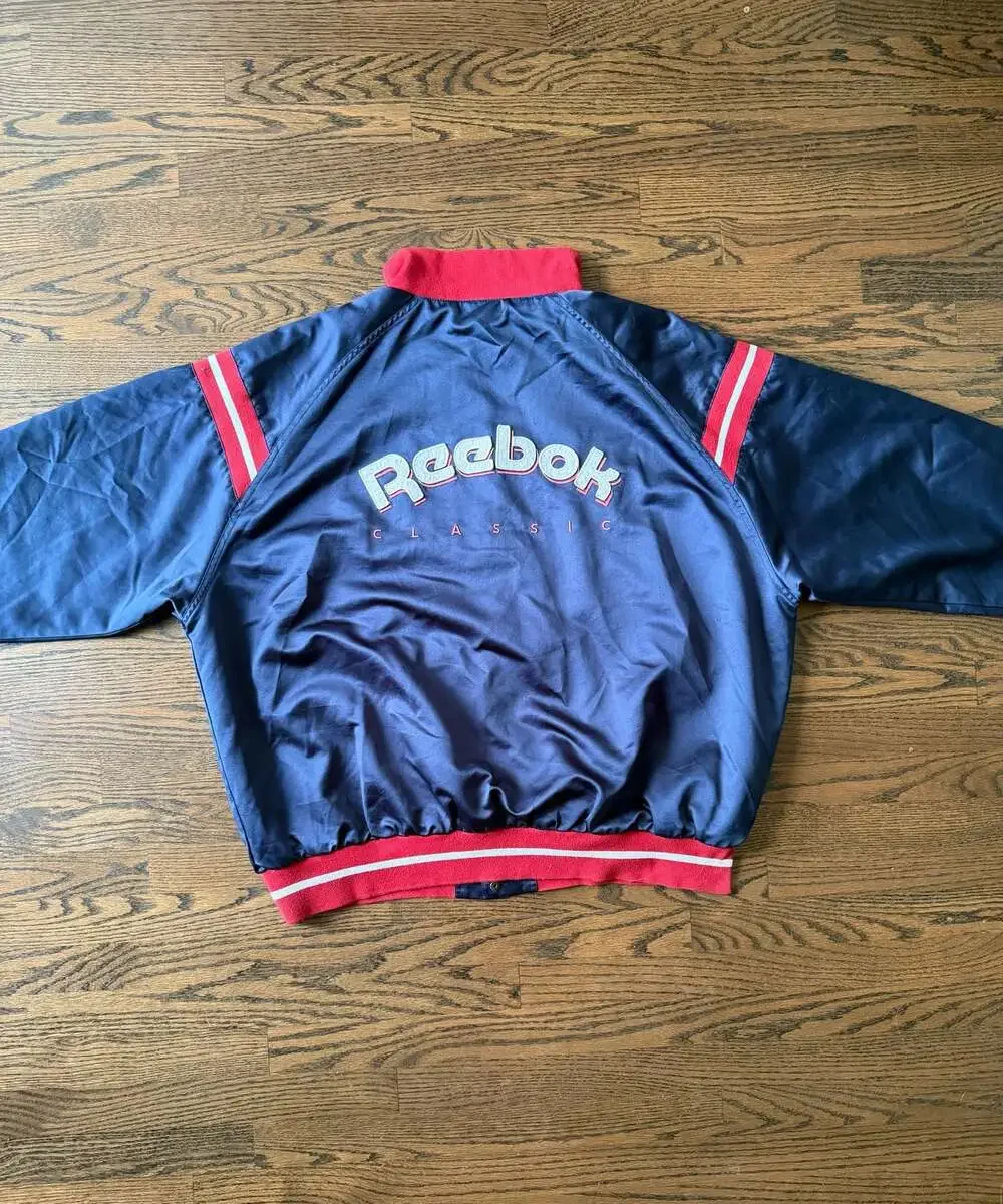 Vintage Reebok Classic Satin Snap Bomber Jacket Navy Red 2XL